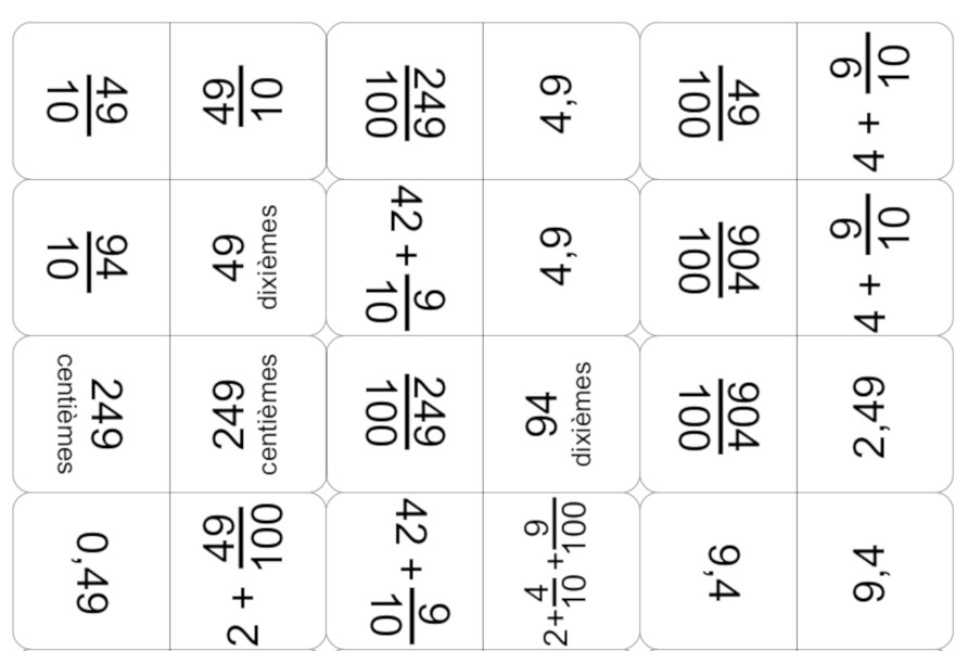Domino des fractions et nombres décimaux